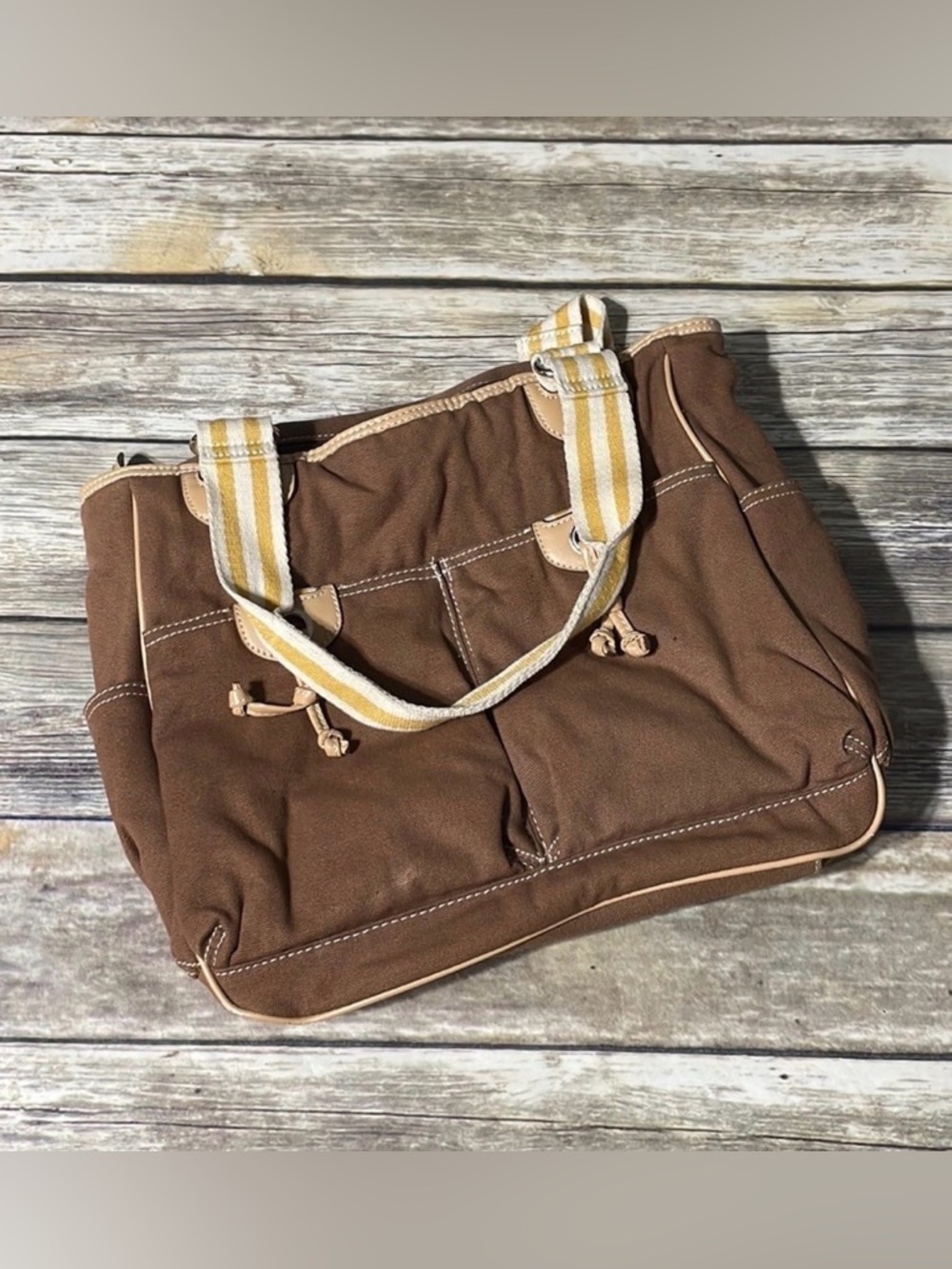 St John’s Bay Brown Canvas Tote Bag with Striped Handles